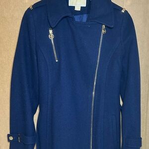 Michael Kors Navy Blue Wool Blend Belted Asymmetrical Zip Coat Size - 4P